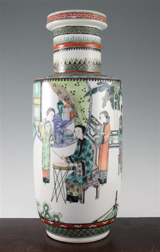 A Chinese famille verte rouleau vase, late 19th century, 45.5cm, restored